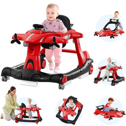 Xilingol 6-in-1 Baby Walker with Adjustable Speed Wheels, Adjustable Height Activity Walker with Padded Seat, Foldable Walker for Babies 6-12 Months, Toddler Push Walker for Boy & Girl 12-18 Months
