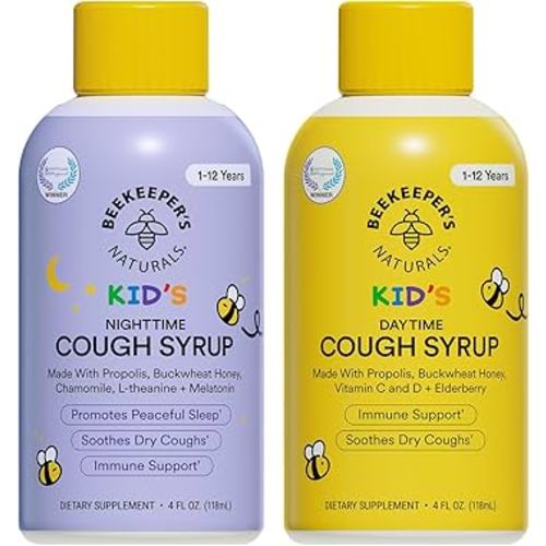 Beekeeper's Naturals Kids Honey Cough Syrup – Day & Night Value Pack – Immune Support with Elderberry, Vitamin C, D, Propolis & Raw Honey – Soothing, Clean Ingredients – Two Pack, 2 x 4 fl oz