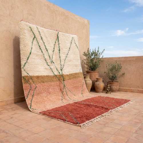 Terracotta and Cream Abstract Mountain Rug - Large 9x12 Area Rug - Handmade Berber Shag Rug with Green Tribal Accents