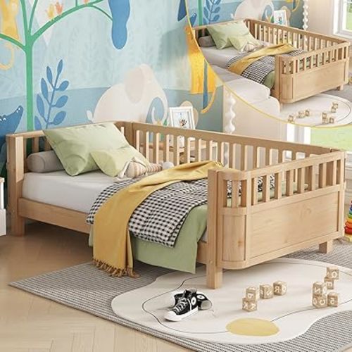 Twin Size Kids Bed Frame, Low Profile Montessori Twin Bed with Rails, Wood Daybed for Girls & Boys, No Spring Box Required, No Squeaks, Natural