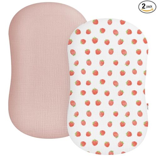 Muslin Baby Lounger Cover 2 Pack, Soft Breathable Newborn Lounger Pillow Cover for Boys Girls Infant (Strawberry & Pale Pink)