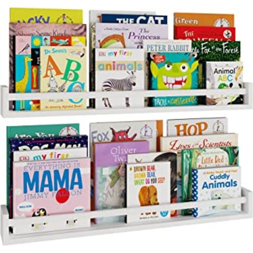 Wallniture Utah 32" White Nursery Bookshelves Wall Mounted, Wood Floating Book Shelves for Kids Room Set of 2