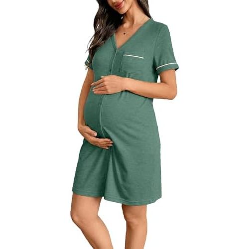 BLENCOT Women’s Labor and Delivery Night Gown for Maternity Short Sleeve V Neck Open Front Shirt Dress with Buttons