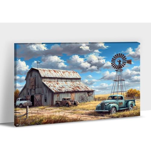 Farmhouse Prints Wall Art, Vintage Barn and Old Truck Picture Canvas Wall Art, Retro Windmill Canvas Prints, Country Rustic Landscape Picture for Farmhouse Living Room, Bedroom Wall Decor 18x24 Inches