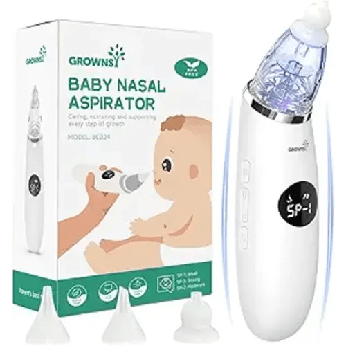GROWNSY Nasal Aspirator for Baby | Baby Nose Sucker | Electric Nose Suction for Toddler, Ergonomic Booger Sucker with 3 Silicone Tips, Music & Light Soothing Function(White)