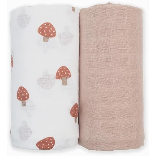 Lulujo Baby Swaddle Blankets | Unisex Softest Breathable Cotton Muslin Swaddle Blanket Set | Neutral Receiving Blanket for Girls & Boys | 40in x 40in | Mushroom & Sand | 2-Count