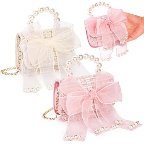 2 Pack Purse for Little Girls, Mini Crossbody Purse with Bowknot, Cute Fashion Princess Handbags with Pearl Handle, Detachable Gold Chain