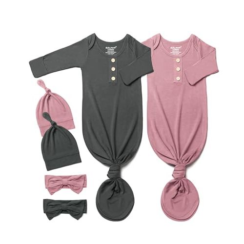 Baby Noah Newborn Knotted Gown Set with Hat and Headband, Soft Tie Bottom Newborn Sleepers for Baby Girl Boy (2 Packs)