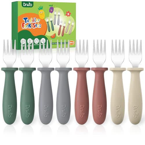 DRKIO 8 Pcs Toddler Forks Set Baby Forks with Silicone Handle | Kids Utensils Anti-Choke Design for Children's Safe Self-Feeding, Food-Grade Stainless Steel, Dishwasher Safe, BPA-Free