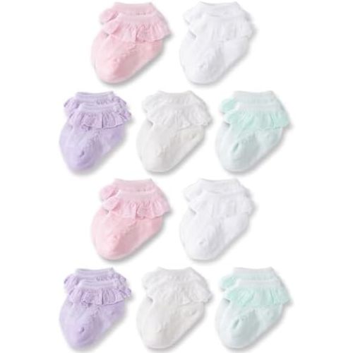 Baby Girl Lace Socks, Soft Cotton Ruffle Dress Socks for Newborns 0-3/3-6/6-12/12-24 Months, Ankle High