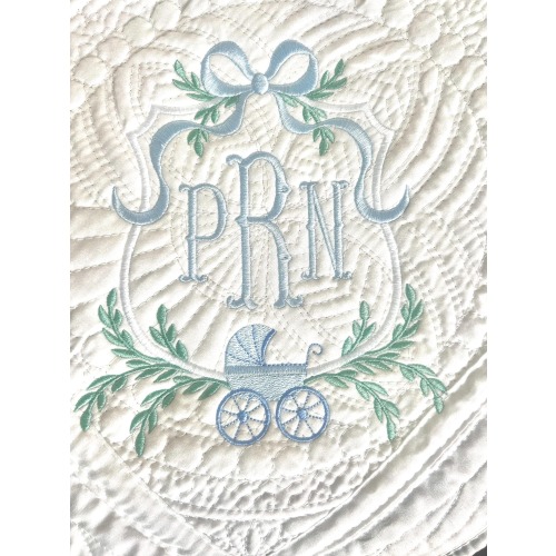 Monogrammed Baby Quilt: Embroidered Heirloom, Vines and Bow, Vintage Stroller