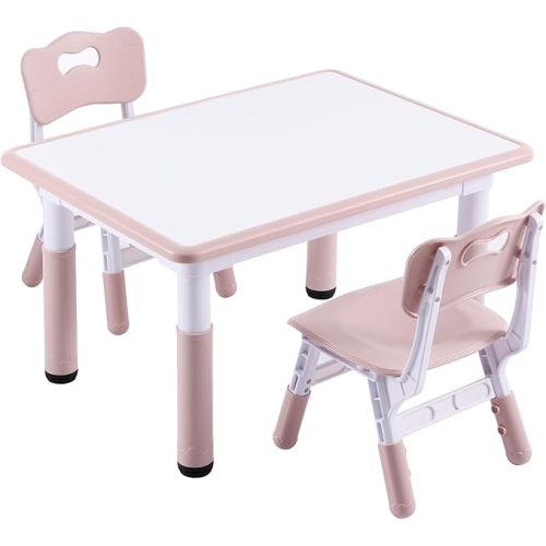 Kids Table and 2 Chairs Set, Height-Adjustable Toddler Table and Chair Set with Graffiti Desktop, 31.5''L x 23.6''W Children Activity Table for Daycare, Classroom, Home