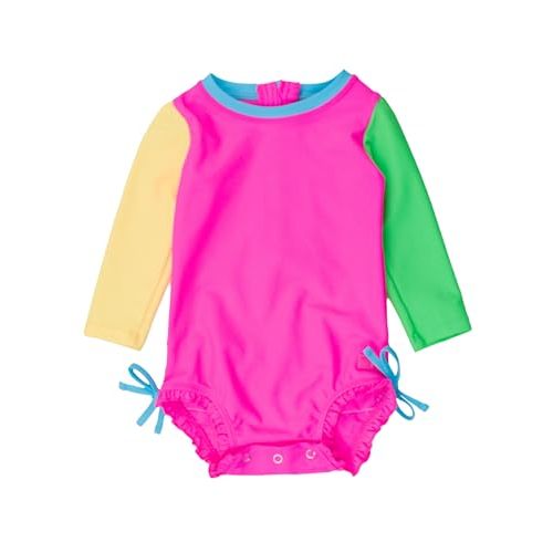 RuffleButts Baby Girls UPF 50+ Sun Protection Floral Printed Long Sleeve One Piece Rash Guard Swimsuit with Zipper