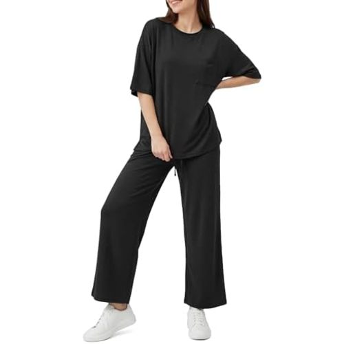 OUGES Women's Lyocell Cotton Pajamas Sets 2 Piece Relaxed Pjs Short Sleeve Top Drawstring Pants Loungewear with Pockets
