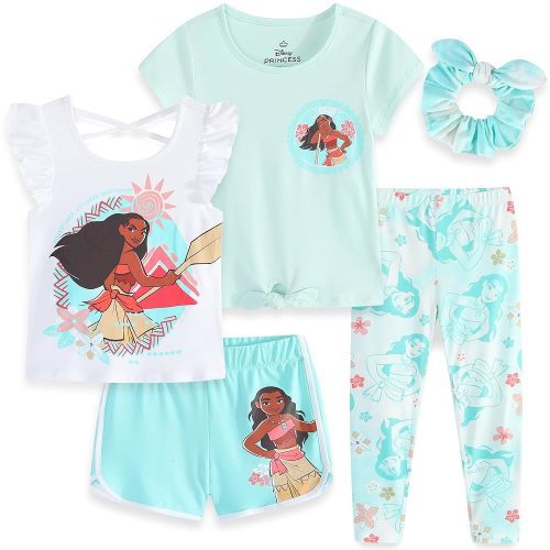 Disney Minnie Mouse Moana Little Mermaid Girls 5 Piece Set with 2 Tops, Leggings, Shorts & Scrunchie for Toddlers & Big Kids