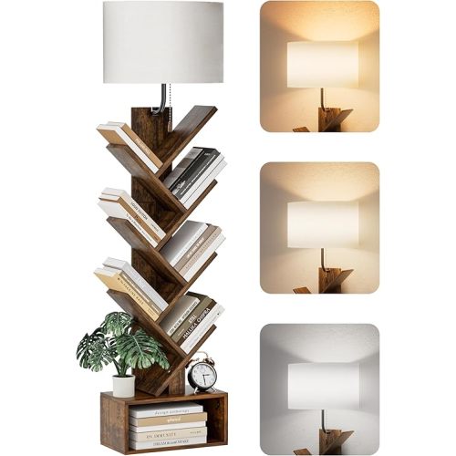 6 Tier Tree Bookshelf with Light, Corner Tall Narrow Bookshelf, Small Bookcase with Storage Cabinet,Floor Standing Bookshelves Organizer for Bedroom/Living Room/Home Office, Rustic Brown
