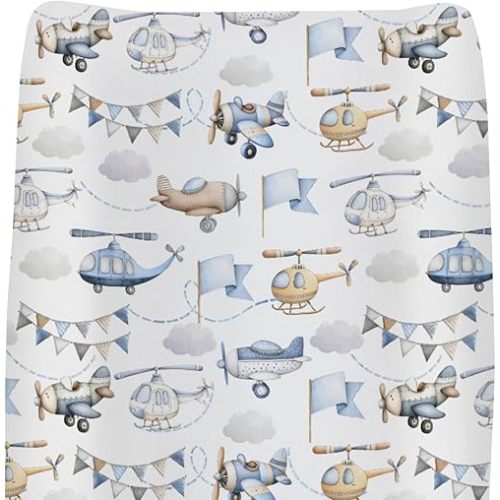 Watercolor Airplanes Helicopters Changing Pad Covers for Baby Girls Boys Vintage Aircraft Fitted Change Table Pad Covers Mats Air Transport Travel Soft Diaper Changing Table Sheets 32''×16'' Blue