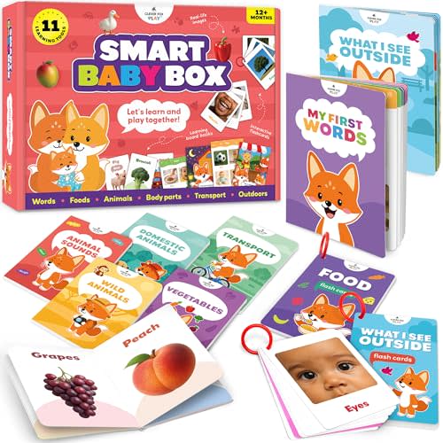 Smart Baby Box, Montessori Learning Toys & Books for 1-2 Year Old Toddler | 11-piece set with board books & flash cards, pre-K speech therapy games, educational vocabulary activities, 12-18 months gift