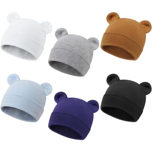 DRESHOW BQUBO 6 Pcs Newborn Baby Beanie with Bear Ears Cotton Hospital Hat Preemie Infant Caps for Baby Boy Girls 0-6 Months