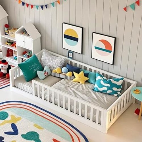 Twin Floor Bed w/Fence for Kids, Girls, Boys, Floor Bed with Safety Guardrails and Slats,No Box Spring Needed, White