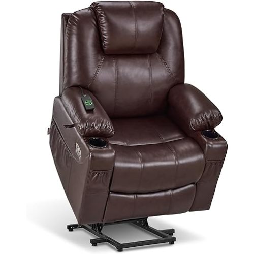 MCombo Electric Power Lift Recliner Chair Sofa with Massage and Heat for Elderly, 3 Positions, 2 Side Pockets, and Cup Holders, USB Ports, Faux Leather 7040 (Dark Brown, Medium)