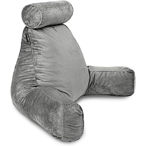 Milliard Extra Large Reading Pillow with Shredded Memory Foam, Wedge Back Rest Pillow for Sitting in Bed with Removable Velour Cover –24x18 inches (Grey)