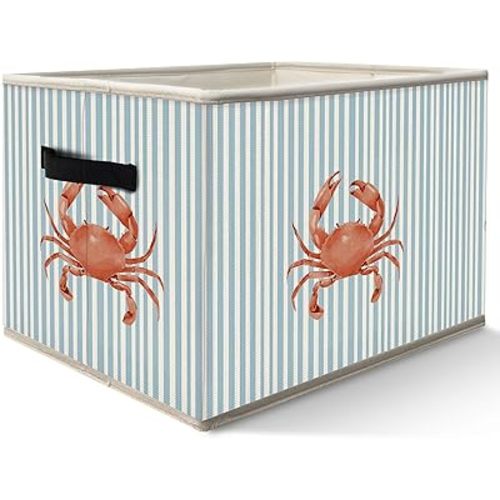 Blue Coastal Beach Crab Storage Bins Box with Handles, Blue Striped Ocean Crab Collapsible Fabric Storage Basket Box Organizer for Bedroom Bathroom Clothes Toys Books