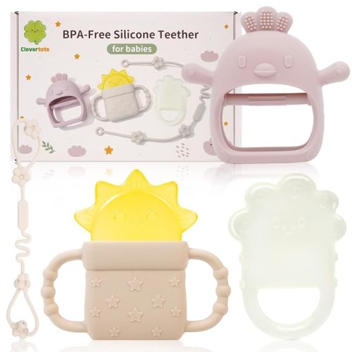 Newborn Gift Set, Silicone Teething Toys – Chick Hand Teether, Freezable Water-Filled Sun & Cloud Teethers, Soothing Sore Gums Teether with Anti-Drop Clip for Baby Boys Girls 0-12 Months - Pink