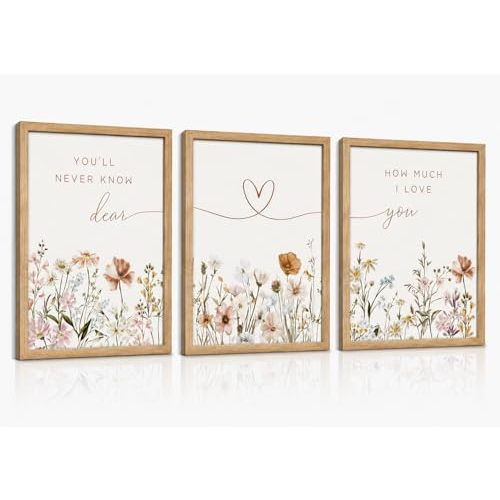 3Pcs Framed Boho Nursery Wall Art Flower Botanical Sentence Painting Picture Wall Decor Wildflower Children's Room Poster Print Artwork for Nursery Baby Room Living Room Bedroom Home Decoration