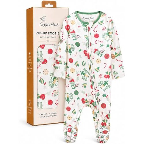 Copper Pearl Zip-Up Footie Baby Pajamas – Soft Newborn Onesies for Boys & Girls, Tag-Free with Two-Way Zipper Baby Sleepers for Newborn - 24 Months, Elf
