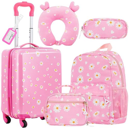 Redbaker 6 Pcs Kids Luggage Set 17 Inch Kids Rolling Luggage Double Pattern Suitcase for Girls Boys School Gift(Light Pink,Leopard Print Style)