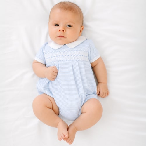 Benjamin Smocked Short Sleeve Bubble - Light Blue
