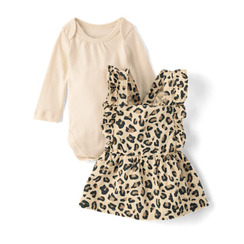 Baby Girls Leopard Skirtall 2-Piece Outfit Set - Tan