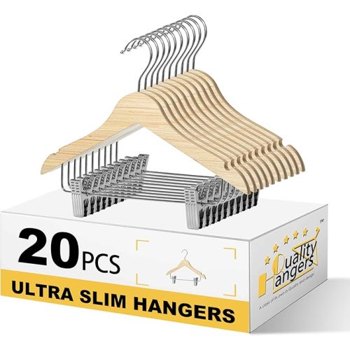 Quality 12-Inch Kids Wooden Pants & Skirt Hangers with Clips – 20-Pack – Slim 0.31'' Plywood Design with Swivel Hook & Adjustable Rubber Grip Clips – Closet Space Saver (Natural, 20 Pack)