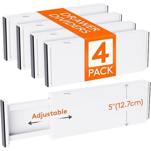 Lifewit 4 Pack 5" High Drawer Dividers 34-56cm/13.5-22" Adjustable Drawer Organizer for Clothes/Utensils, Expandable Drawer Separator in Dresser/Kitchen/Bedroom/Office Organization & Storage White