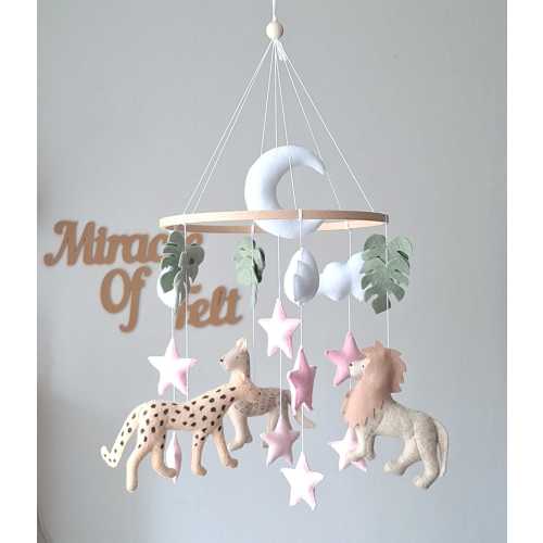 Safari Baby Mobile with Lion, Cheetah and Jaguar Felt Jungle Nursery Decor Pink Stars