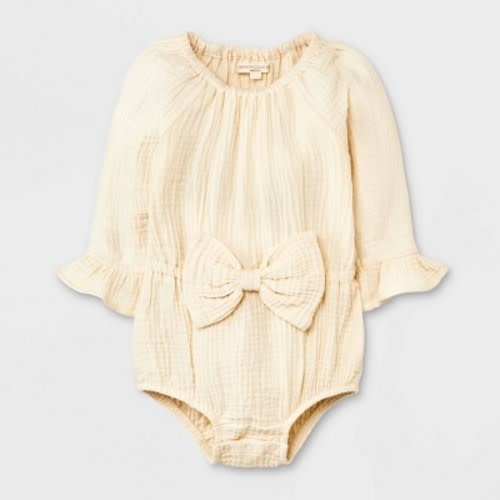 Grayson Collective Baby Girls' Bow Gauze Bubble Romper - Cream, Size: 3-6M