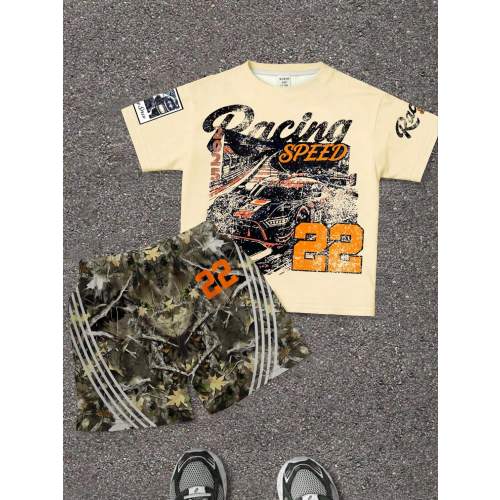 Baby Boy Casual Minimalist T-Shirt Set Suitable For Summer, Classic Cool Handsome Retro Racing Pattern Print, Number 22, Street Style Dried Leaves Pattern Print, Striped Pattern Print, Suitable For Spring And Summer, Y2K