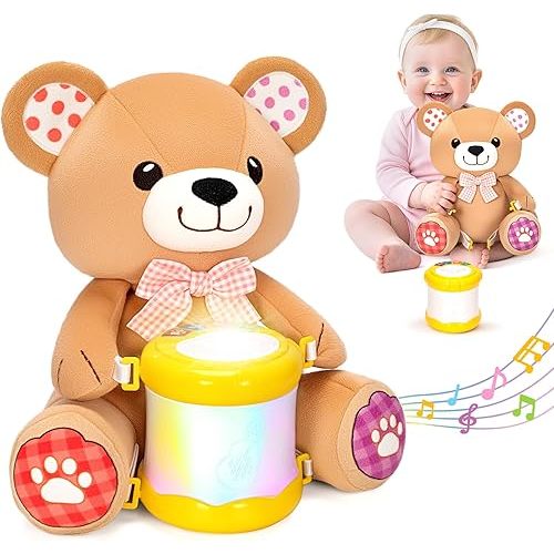 V-Opitos Stuffed Bear Musical Toys for Baby 6-12 Months+, Early Learning Light up Music Drum, Perfect Christmas Birthday Gifts for Boy & Girl Age 1, 2 Years Old