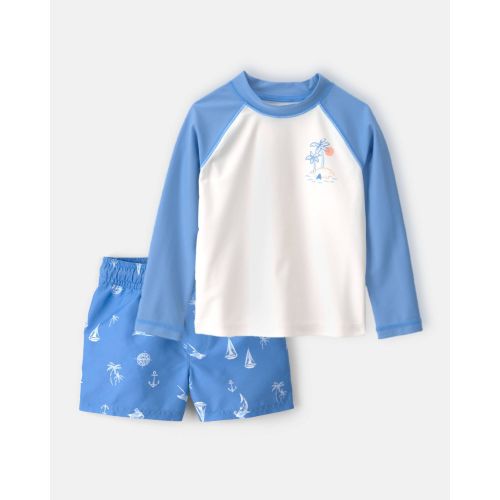 Toddler Boy 2-Piece Long-Sleeve Rashguard & Sailboat Swim Trunks Set - Blue/White | Carter's