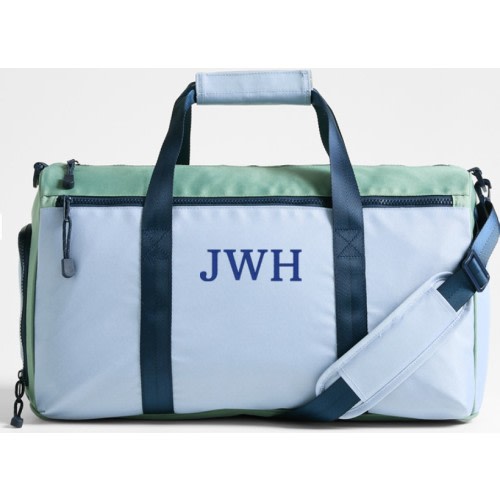 Duffel Bag. Pattern: Green and Blue; Personalized. Font-Serif, Text-JWH