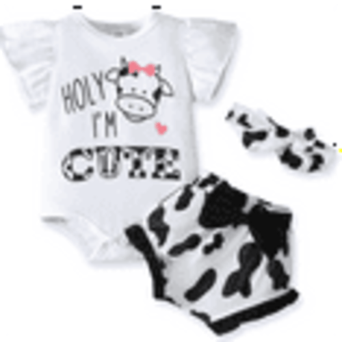 PatPat 3pcs Baby Girl 95% Cotton Letter Graphic Flutter-sleeve Romper and Bow Front Shorts & Headband Set