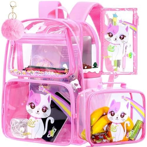 KLFVB 3PCS Clear Backpack for Girls and Boys, Kids See Through Backpacks Stadium Approved, Transparent Bookbag for Elementary