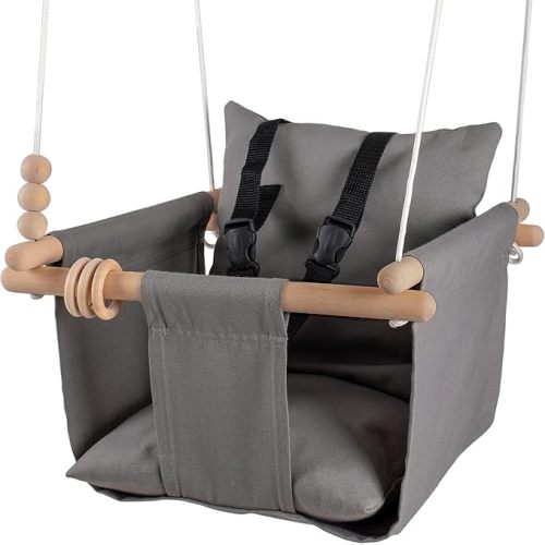 Indoor Outdoor Baby Swing with 3-Point Harness and Hardware for Ceiling, Porch, Doorway, Canvas Toddler Swing Seat Dark Gray