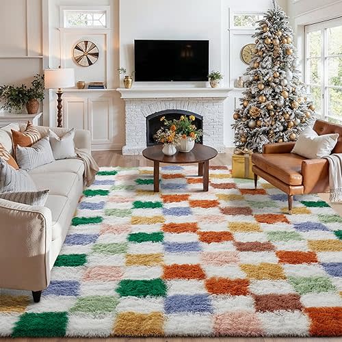 Checkered Rug 6x9 for Living Room, Modern Neutral Shag Rug Washable Non-Slip Large Area Rug Super Soft Indoor Fuzzy Carpet Fluffy Rugs for Bedroom Home Aesthetic Decor