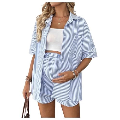 MakeMeChic Women's Maternity Outfits Striped Button Down Shirt and Shorts Pregnancy Set