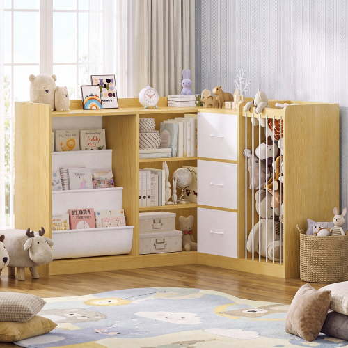 L-Shaped Kids Bookshelf with Toy Storage Organizer, Montessori Bookcase with Reading Nook Bookshelf and 3 Movable Drawers, Sling Shelves for Playroom, Bedroom, Oak