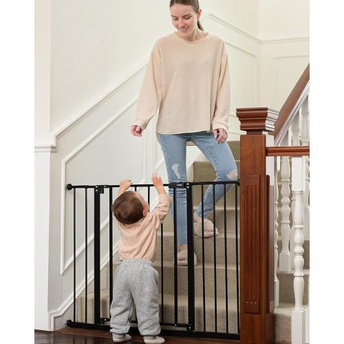 InnoTruth 28.9-42.1" Wide Baby Gate for Stairs, 30" Tall Dog Gates for Doorways Expandable One-Hand Open, Easy Walk Through Dual Lock Metal Pet Gates for Dogs, Black-Family & Mom's Choice Award Winner