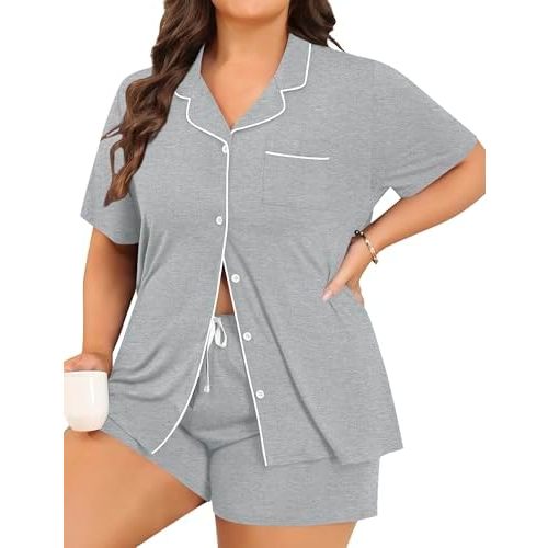 Women's Plus Size Pajamas Button Down Shirt and Shorts 2 Piece Pj Lounge Sets Short Sleeve Sleepwear Soft Loungewear