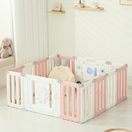 14 Panels Baby Play Pen, Extra Large Baby Playpen, Foldable Astronauts Play Pens for Babies and Toddlers, Adjustable Portable Fence Gate Playpen Yard, Pink